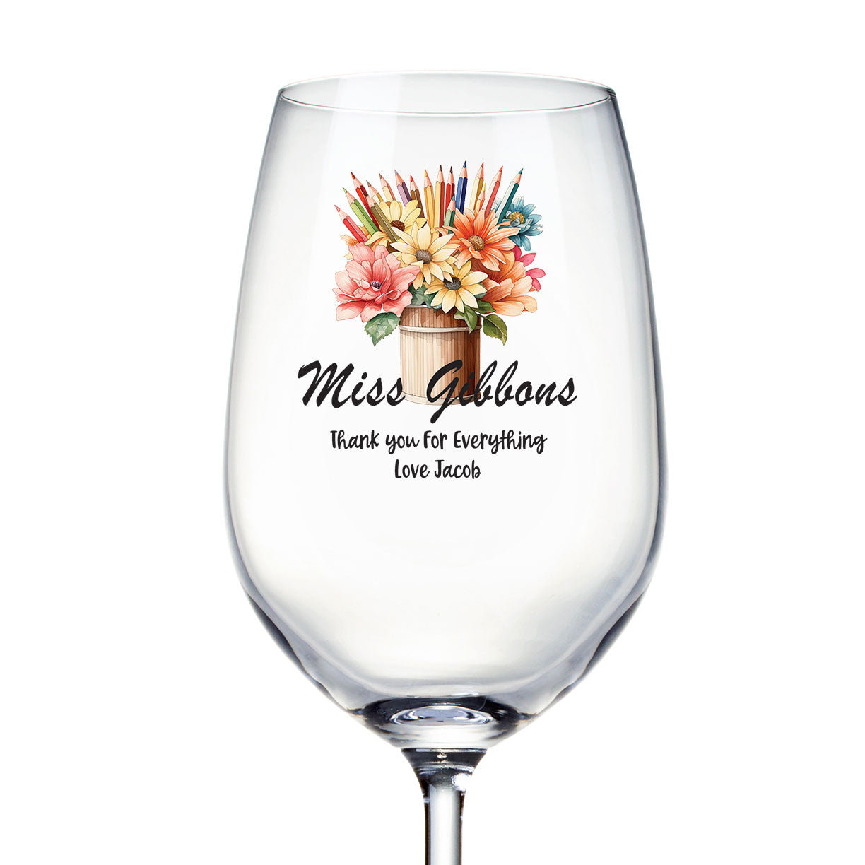 Personalised Teacher Wine Glass Gift For Her With Floral Pencil Pot