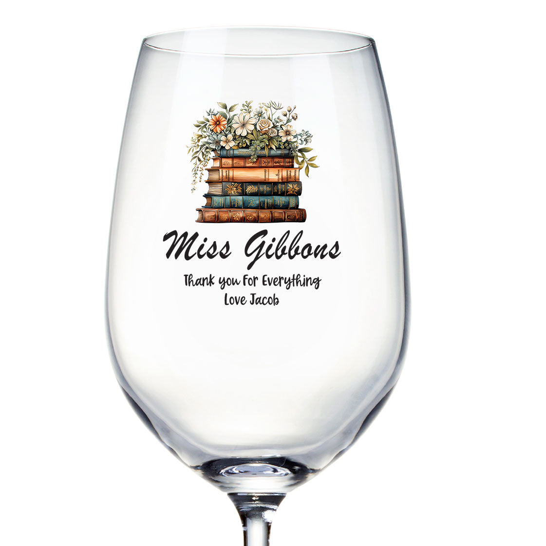 Personalised Teacher Wine Glass Gift For Her With Floral Books