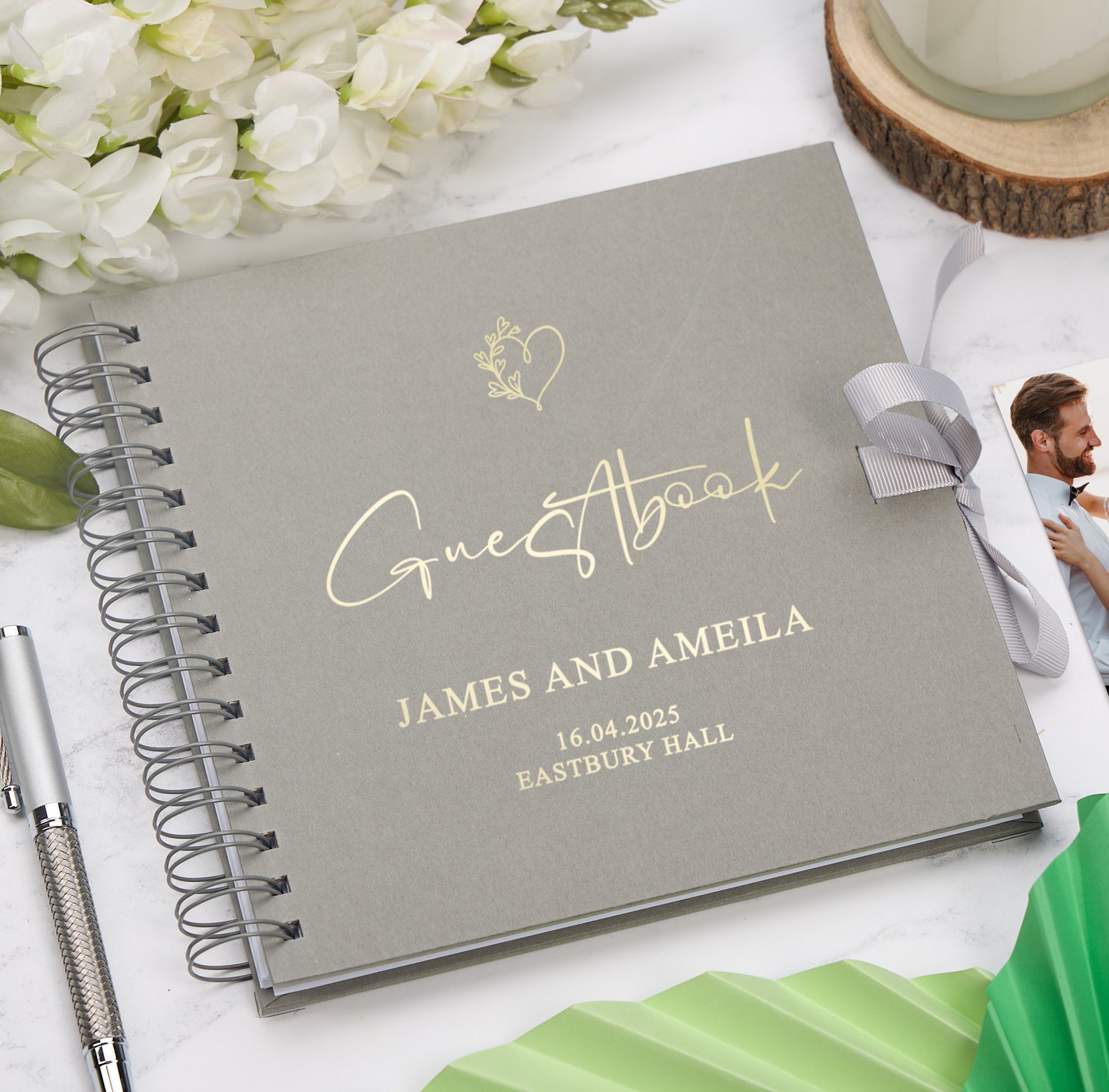 Personalised Custom Foil Wedding Guestbook With Delicate Heart and Multiple Colours