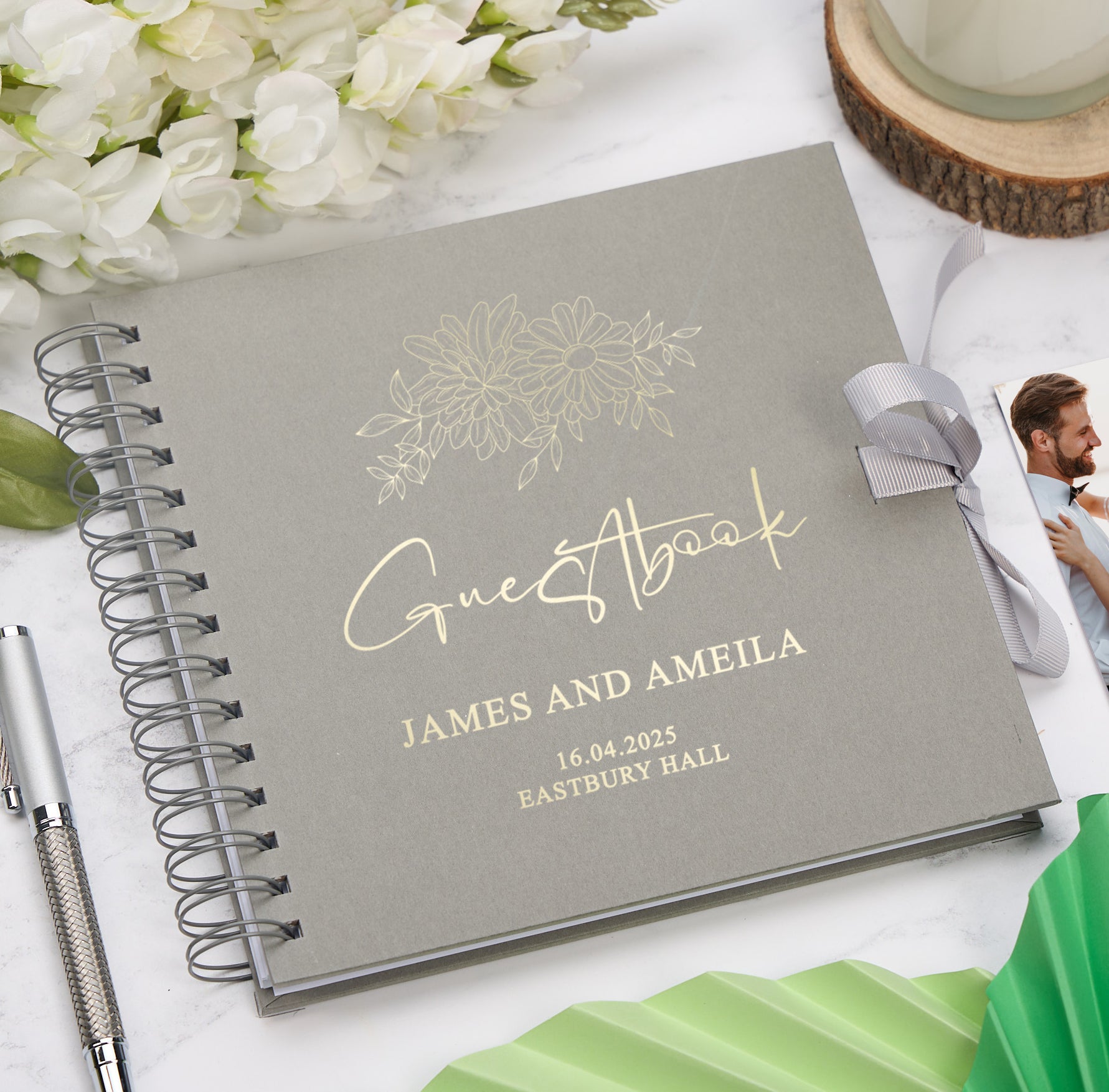 Personalised Custom Foil Wedding Guestbook With Delicate Flowers and Multiple Colours