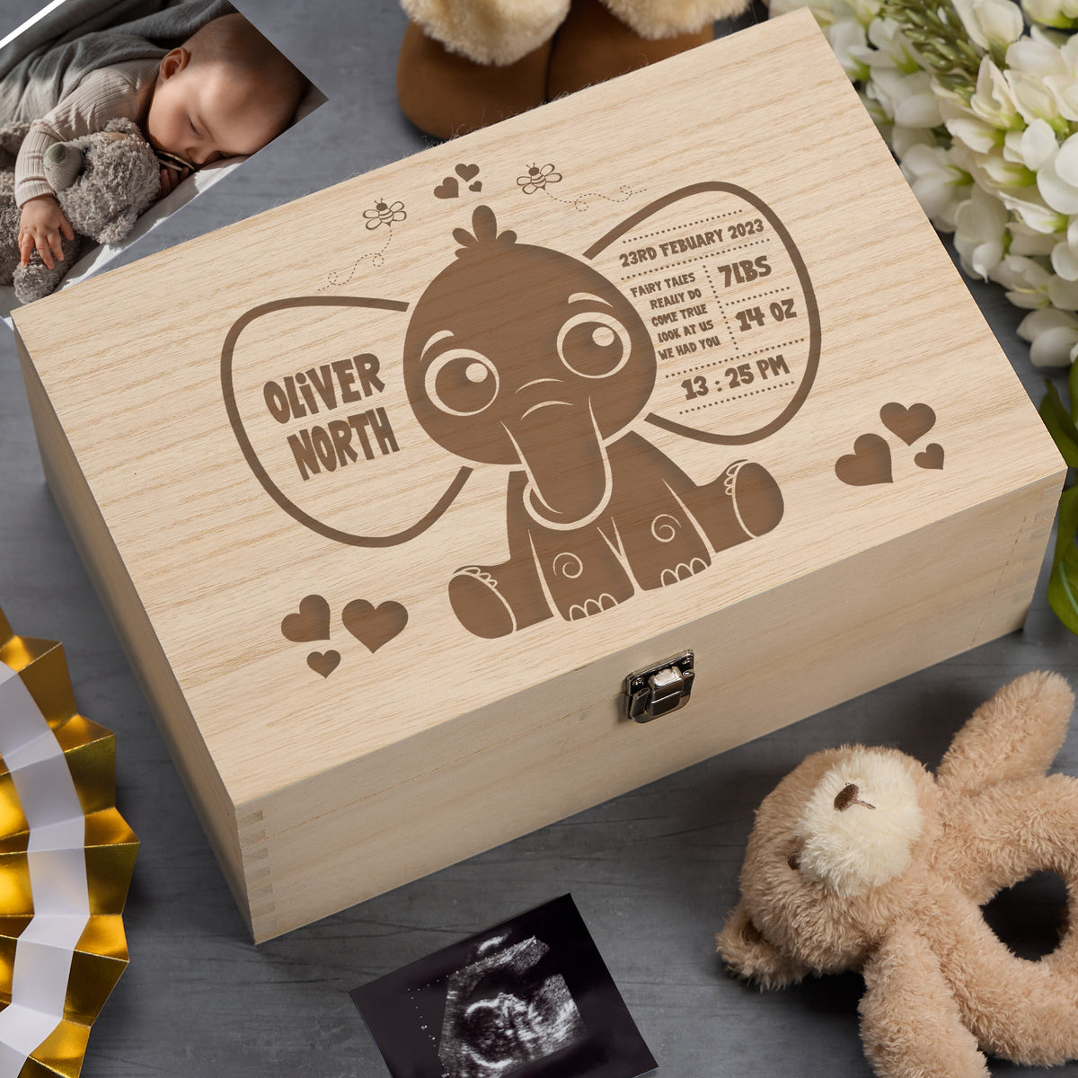 Personalised Wooden Memory Keepsake Box Gift With Cute Elephant Boys and Girls