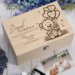 Personalised Engraved Memory Baby Keepsake Box Gift With Cute Teddy and Balloons