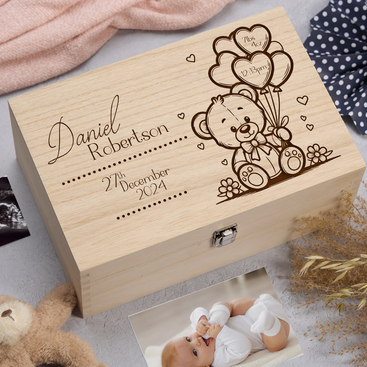 Personalised Engraved Memory Baby Keepsake Box Gift With Cute Teddy and Balloons