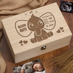 Personalised Wooden Memory Keepsake Box Gift With Cute Elephant Boys and Girls