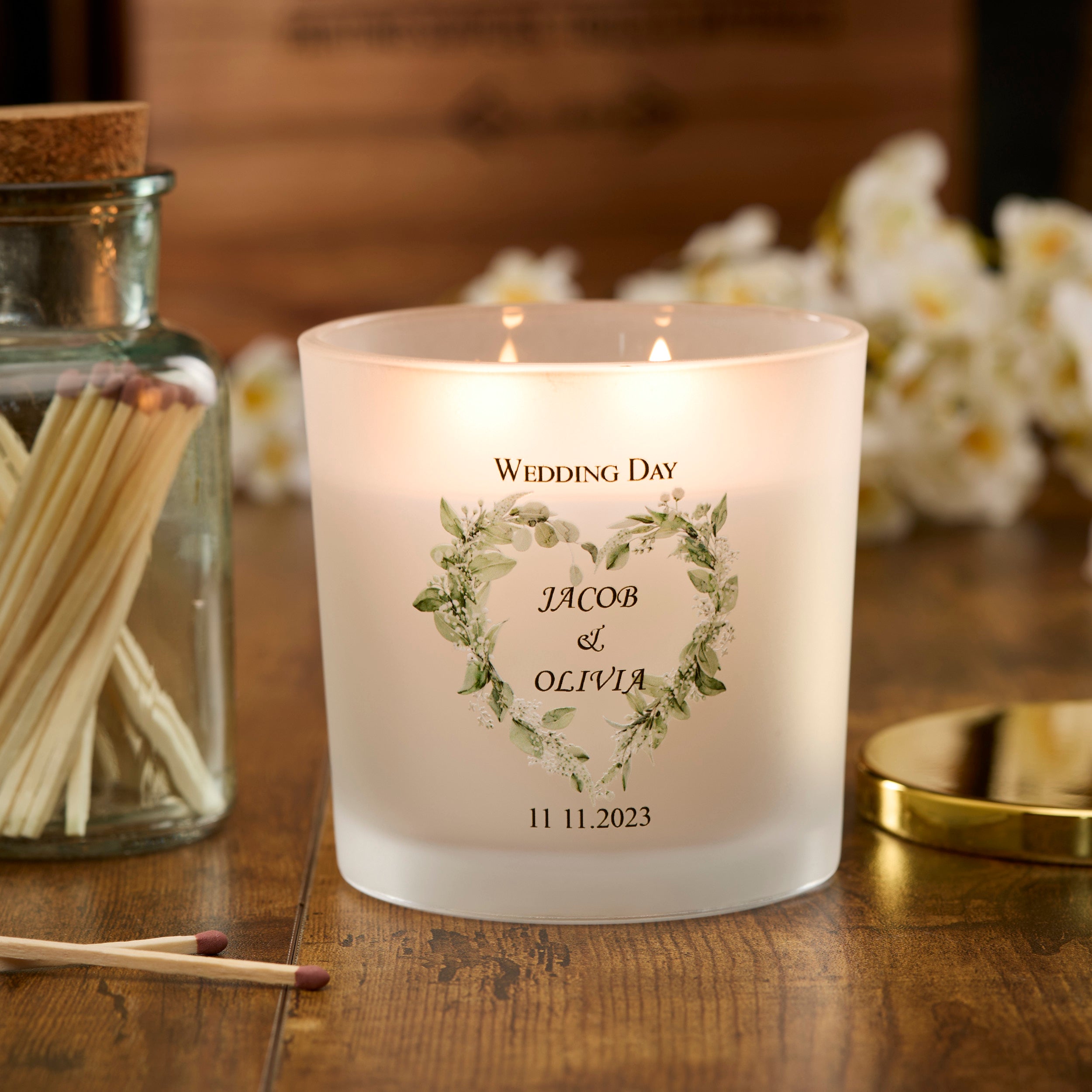 Personalised Large Double Wick Wedding Candle Gift With Floral Heart