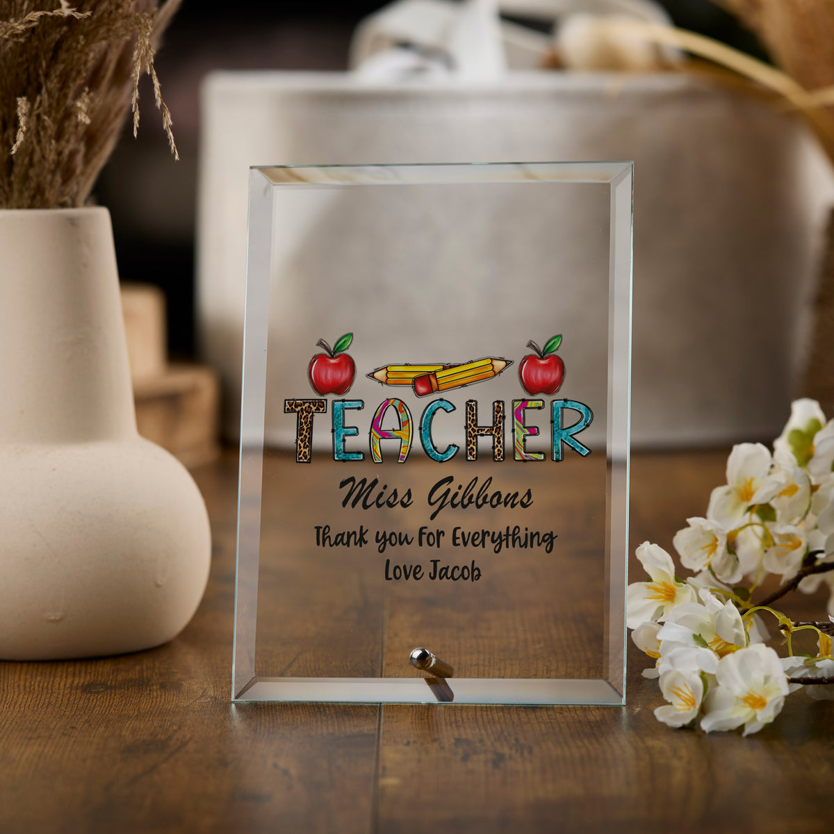 Personalised Teacher Plaque Gift With Apples and Pencils