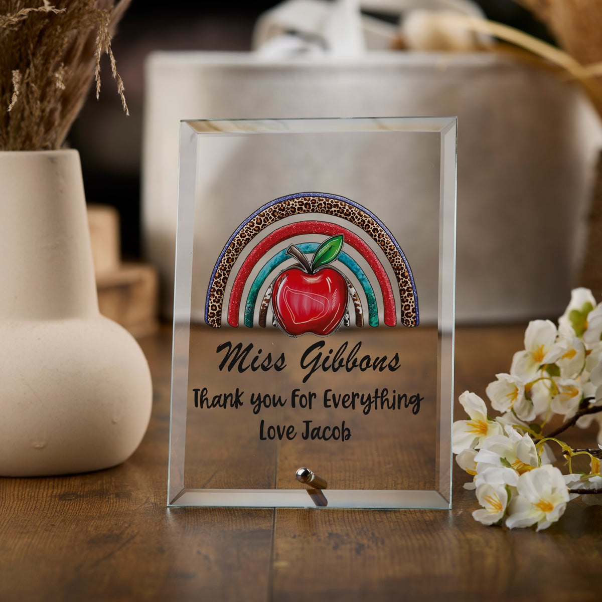 Personalised Teacher Plaque Gift With Apple and Rainbow