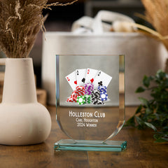 Personalised Poker or Cards Trophy Shield Award Large 15cm Jade Glass