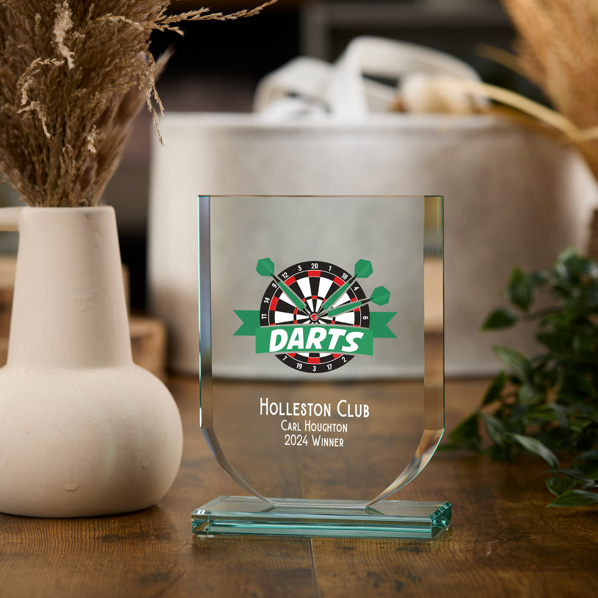 Personalised Darts Trophy Shield Award Large 15cm Jade Glass