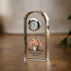 Personalised Teacher Crystal Glass Clock Gift With Floral Pencil Pot