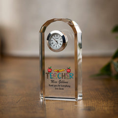 Personalised Teacher Crystal Glass Clock Gift With Apples and Pencils