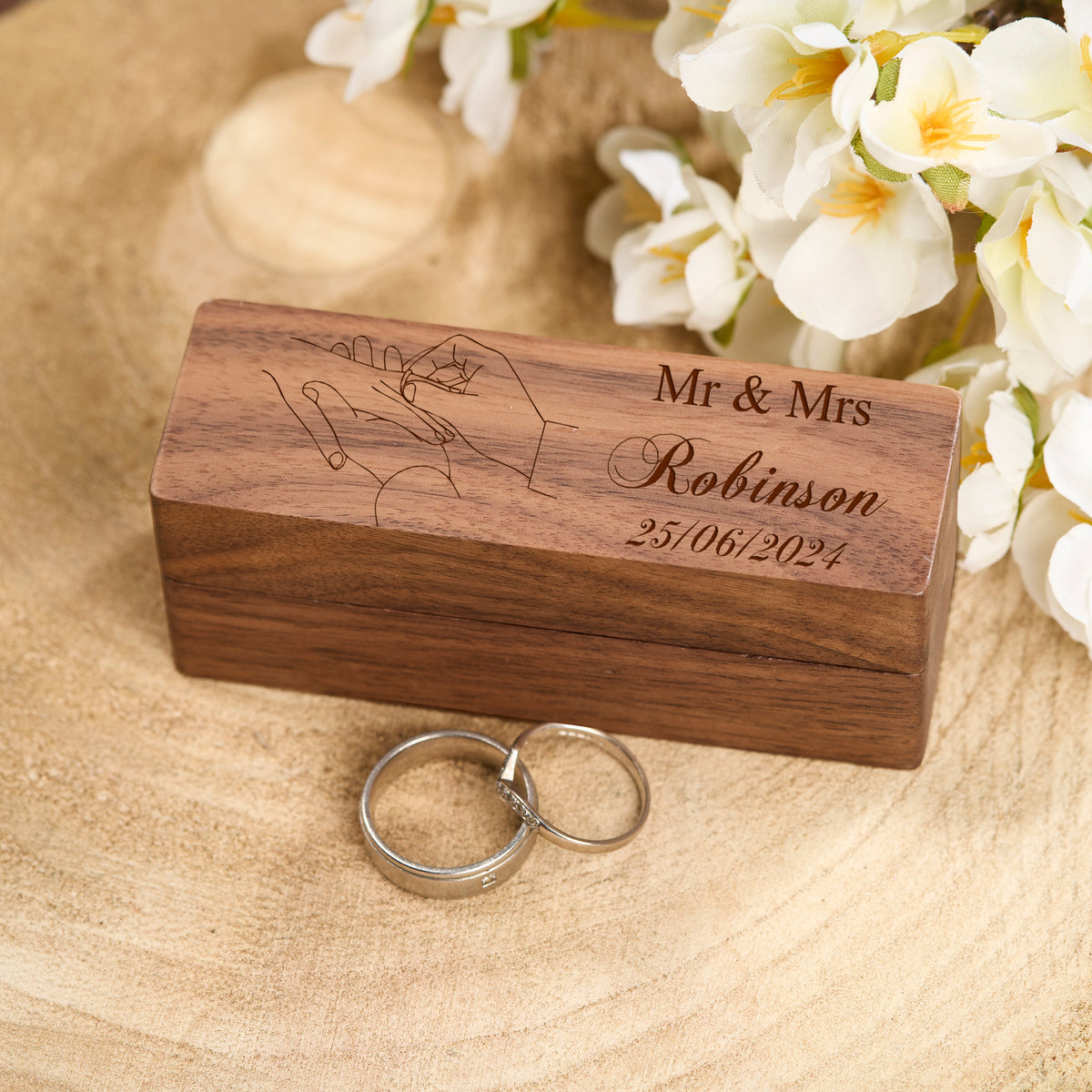 Personalised Long Wedding Ring Box Holder for 2 Rings With Hands