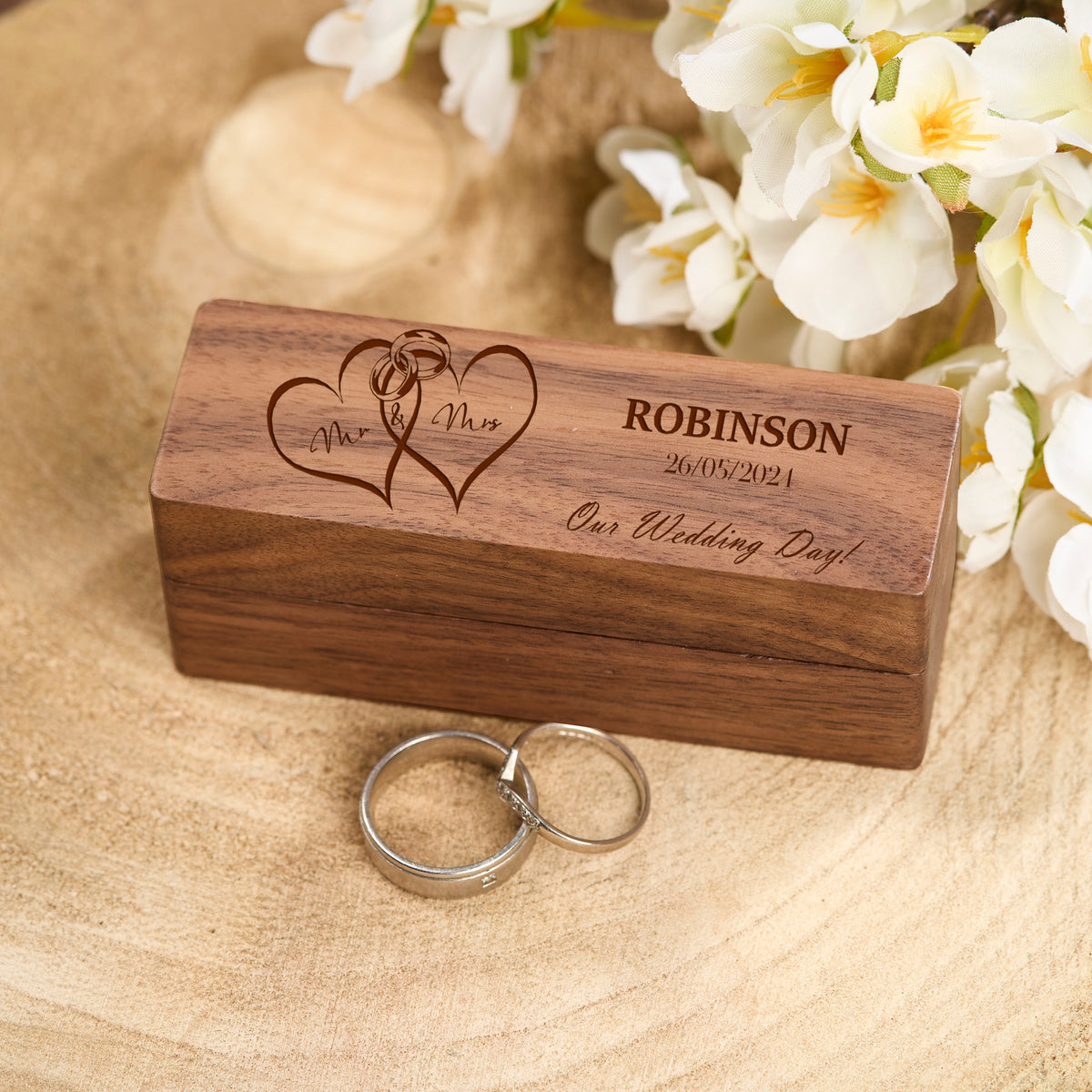 Personalised Long Wedding Ring Box Holder for 2 Rings With Love Hearts