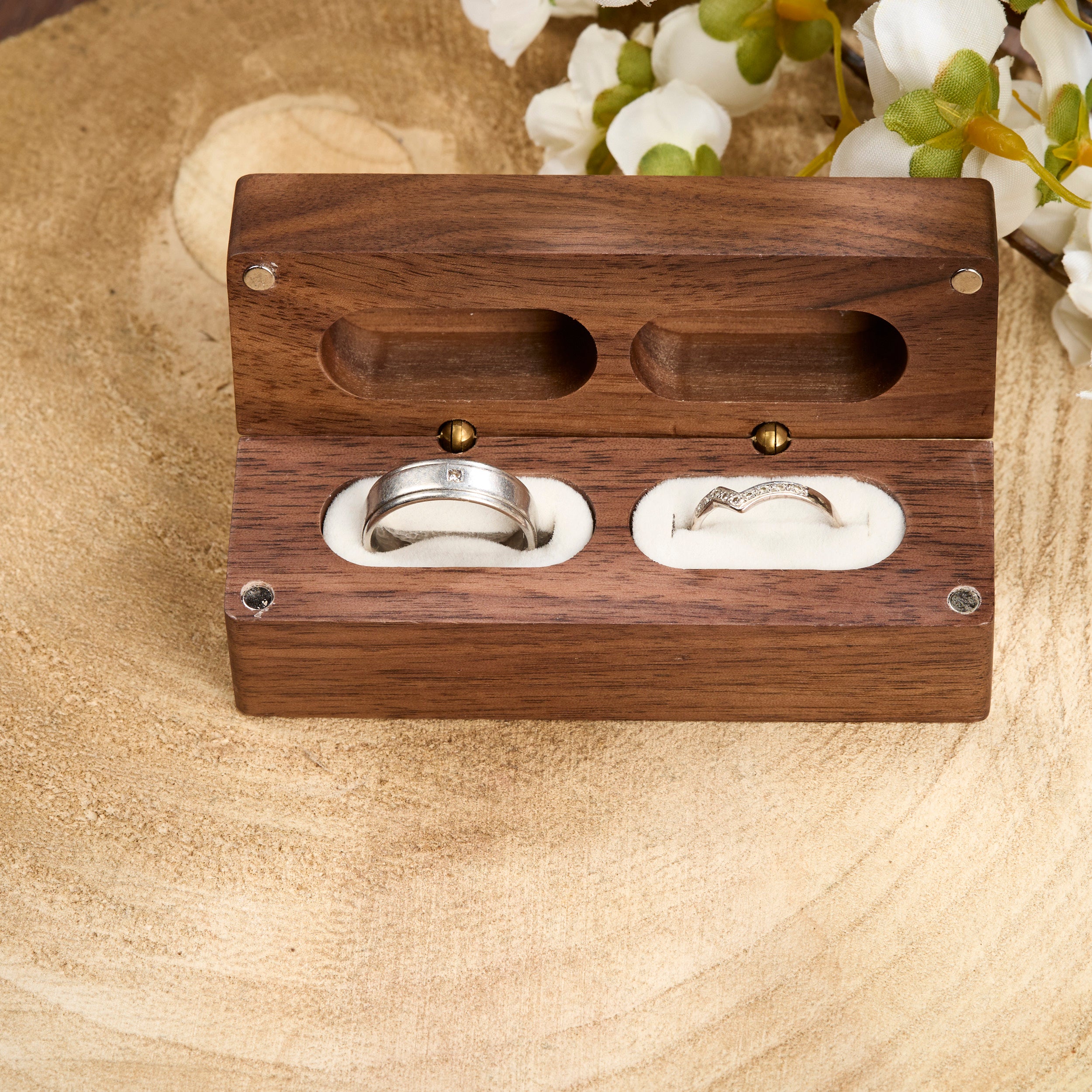 Personalised Long Wedding Ring Box Holder for 2 Rings With Hands