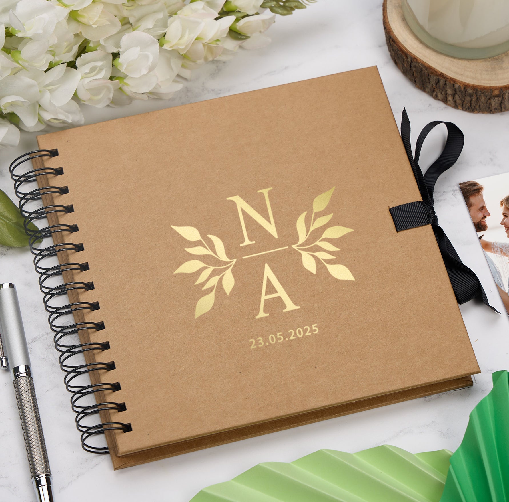 Personalised  Wedding Guest Book Reception Guestbook With Leaves and Initials