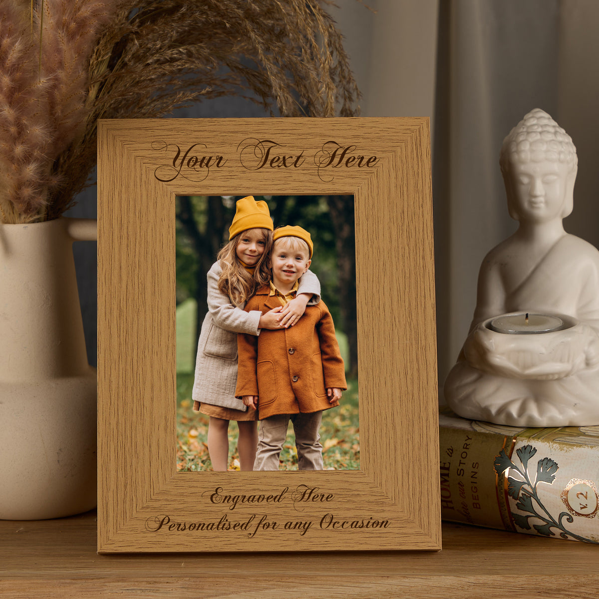 Personalised Wooden Photo Frames Custom Engraved Any Message Multiple Sizes Cursive  Text