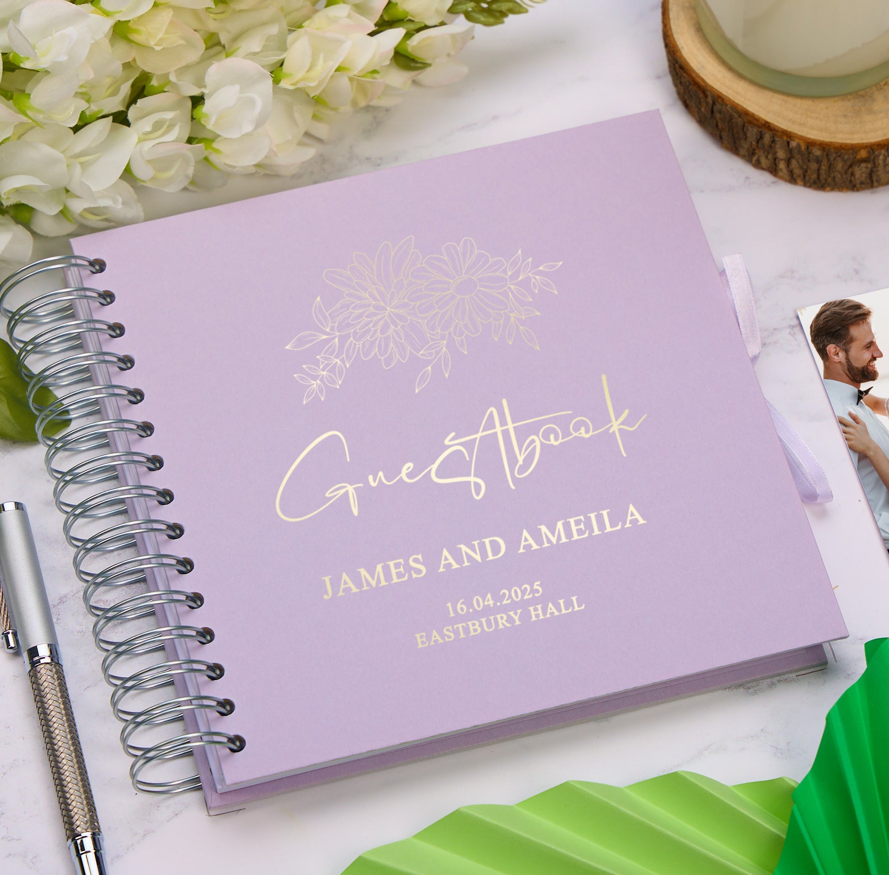 Personalised Custom Foil Wedding Guestbook With Delicate Flowers and Multiple Colours