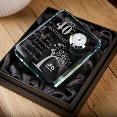 Personalised Crystal Glass Clock Gift for 40th Wedding Anniversary Boxed