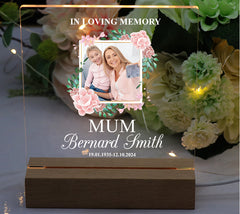 Personalised Photo Memorial Lamp Night Light Remembrance With Floral Border