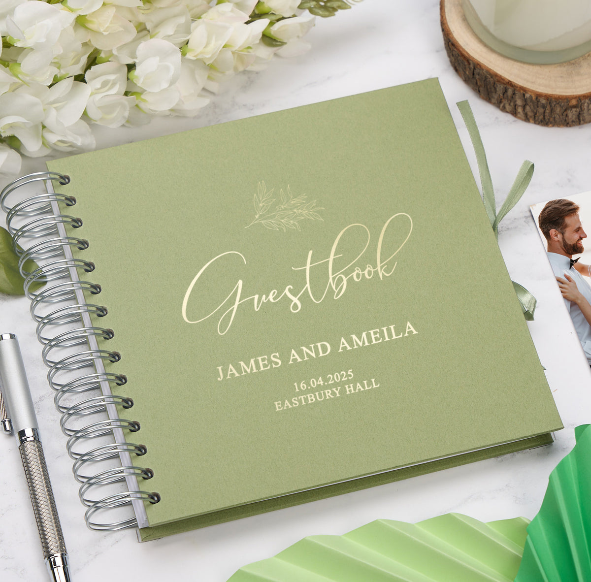 Personalised Custom Foil Wedding Guestbook With Delicate Leaves and Multiple Colours