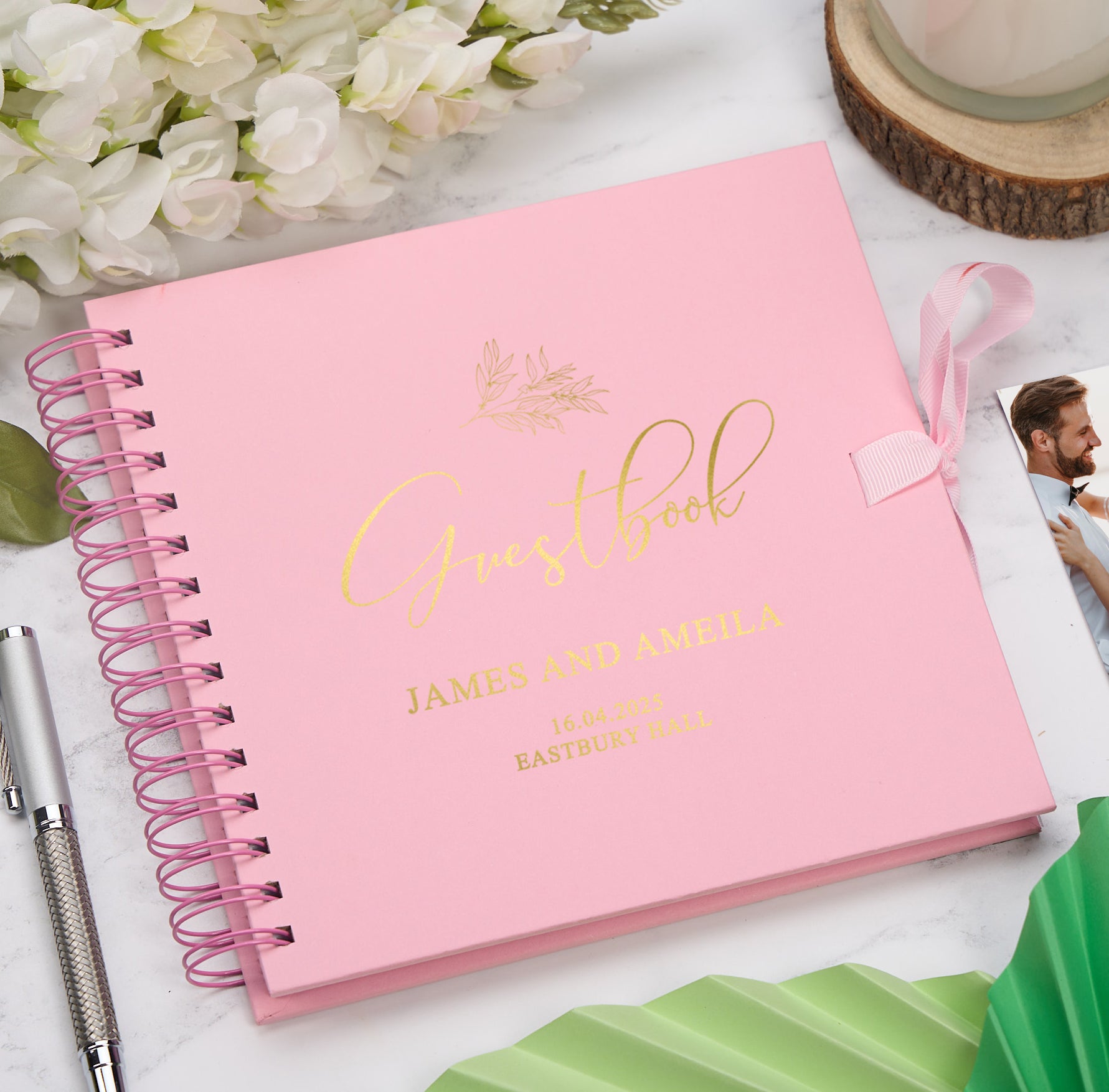 Personalised Custom Foil Wedding Guestbook With Delicate Leaves and Multiple Colours