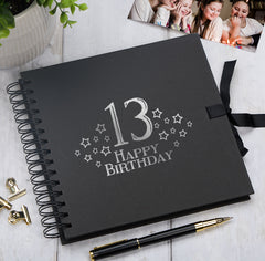 13th Birthday Black Scrapbook, Guest Book Or Photo Album with Silver Script