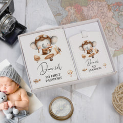 Personalised Animal Themed Baby Passport Cover and Luggage Tag Holder Gift Set