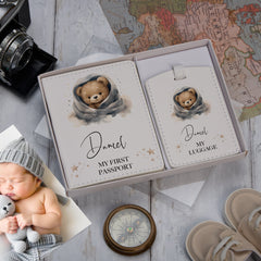 Personalised Leatherette Teddy Baby Passport Cover and Luggage Tag Holder Gift Set