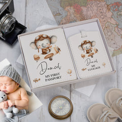 Personalised Animal Themed Baby Passport Cover and Luggage Tag Holder Gift Set