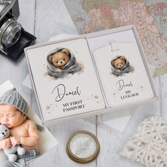 Personalised Leatherette Teddy Baby Passport Cover and Luggage Tag Holder Gift Set