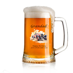 Personalised Vintage Car Grandad Beer Glass Tankard Gift Any Occasion