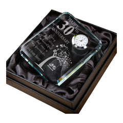 Personalised Crystal Glass Clock Gift for 30th Wedding Anniversary Boxed