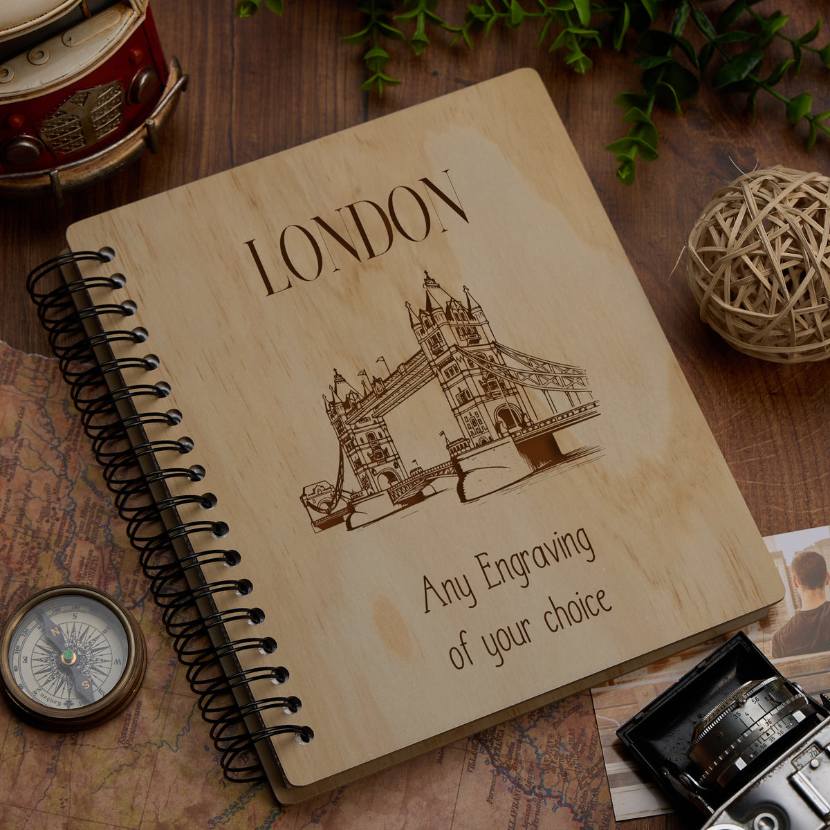 Personalised Large Engraved Wooden Photo Album London Holiday