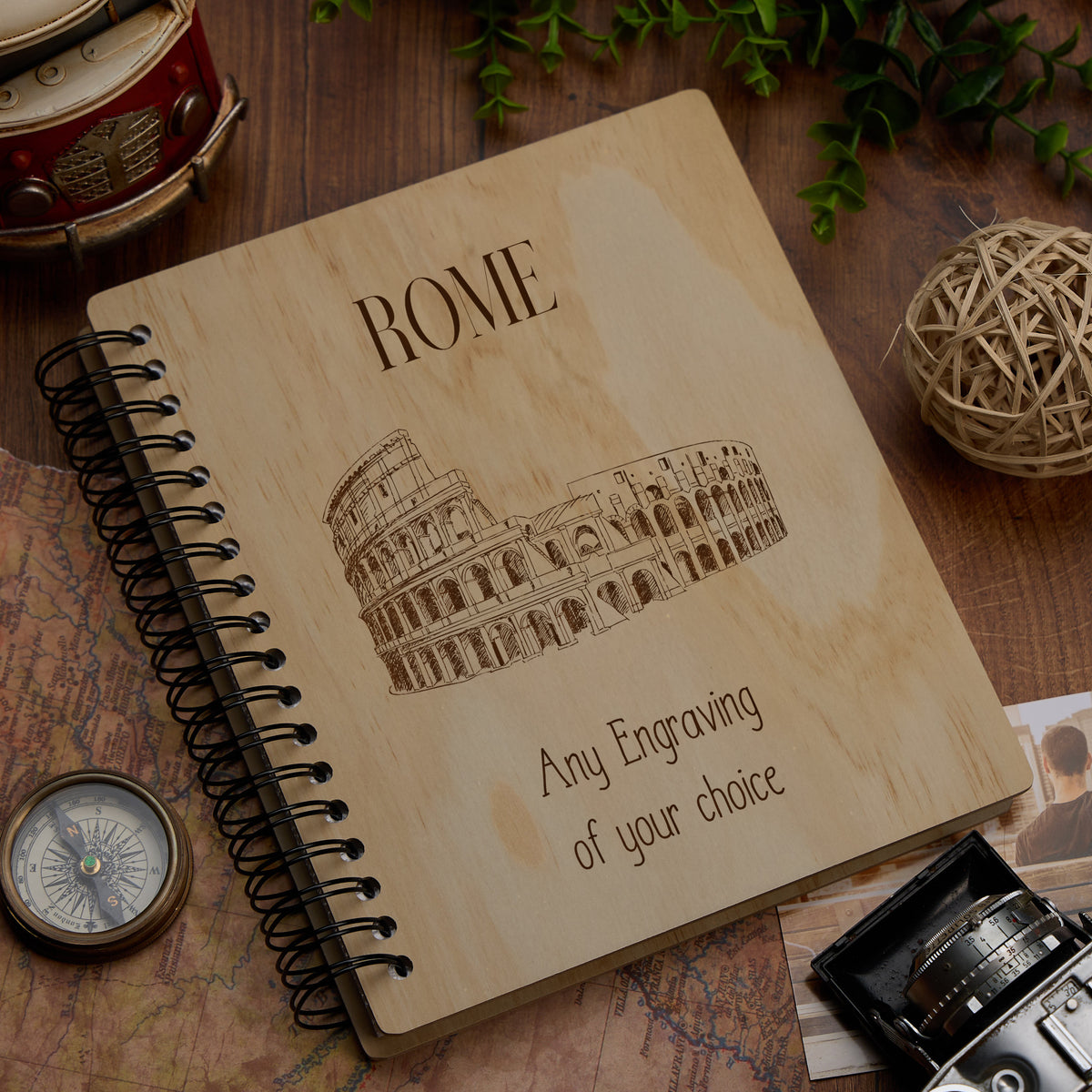 Personalised Large Engraved Wooden Photo Album Rome Holiday