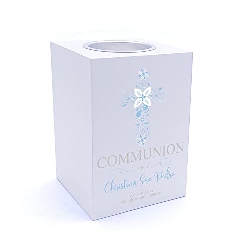 Personalised Communion Blue Ornate Cross Design Tea Light Holder