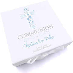 ukgiftstoreonline Personalised Communion Blue Ornate Cross Design Keepsake Memory Box