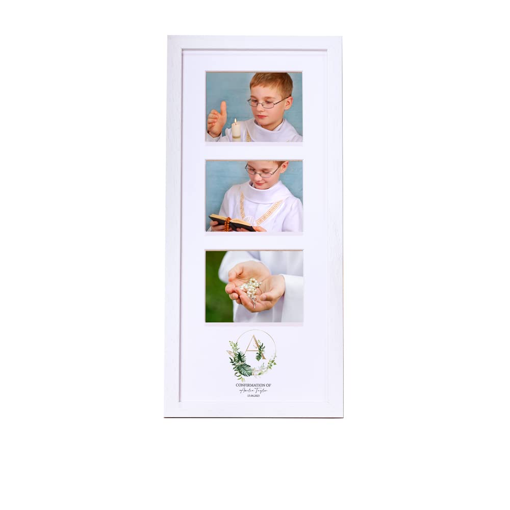 Personalised Confirmation Triple Photo Frame With Natural Leaves