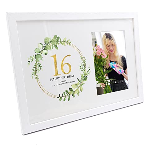 Personalised 16th Birthday Gift for her Photo Frame Gold Wreath Design