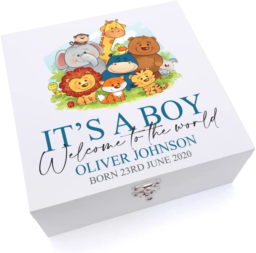 ukgiftstoreonline Personalised Cute Baby Boy Keepsake Large Wooden Box Gift Jungle Animal Theme