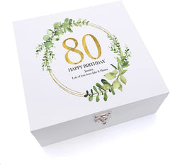 ukgiftstoreonline Personalised 80th Birthday Gift for her Keepsake Large Wooden Box Gold Wreath