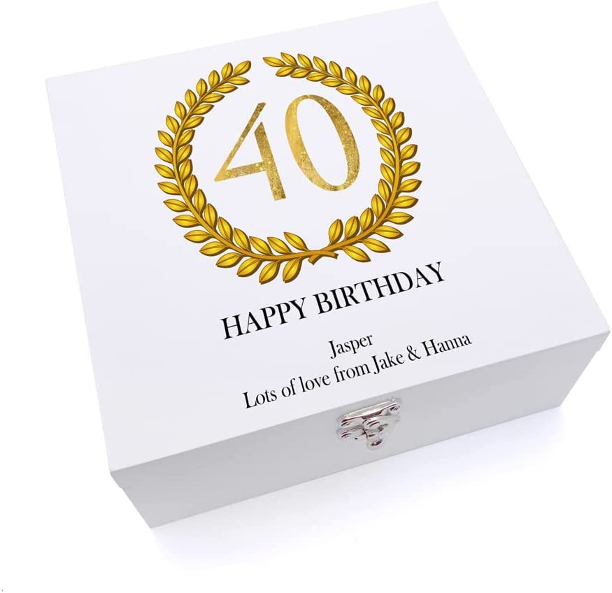 ukgiftstoreonline Personalised 40th Birthday Gift for Him Keepsake Large Wooden Box Gold Wreath Design