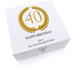 ukgiftstoreonline Personalised 40th Birthday Gift for Him Keepsake Large Wooden Box Gold Wreath Design