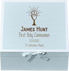 ukgiftstoreonline Personalised Holy Communion Blue Keepsake Box With Host Design