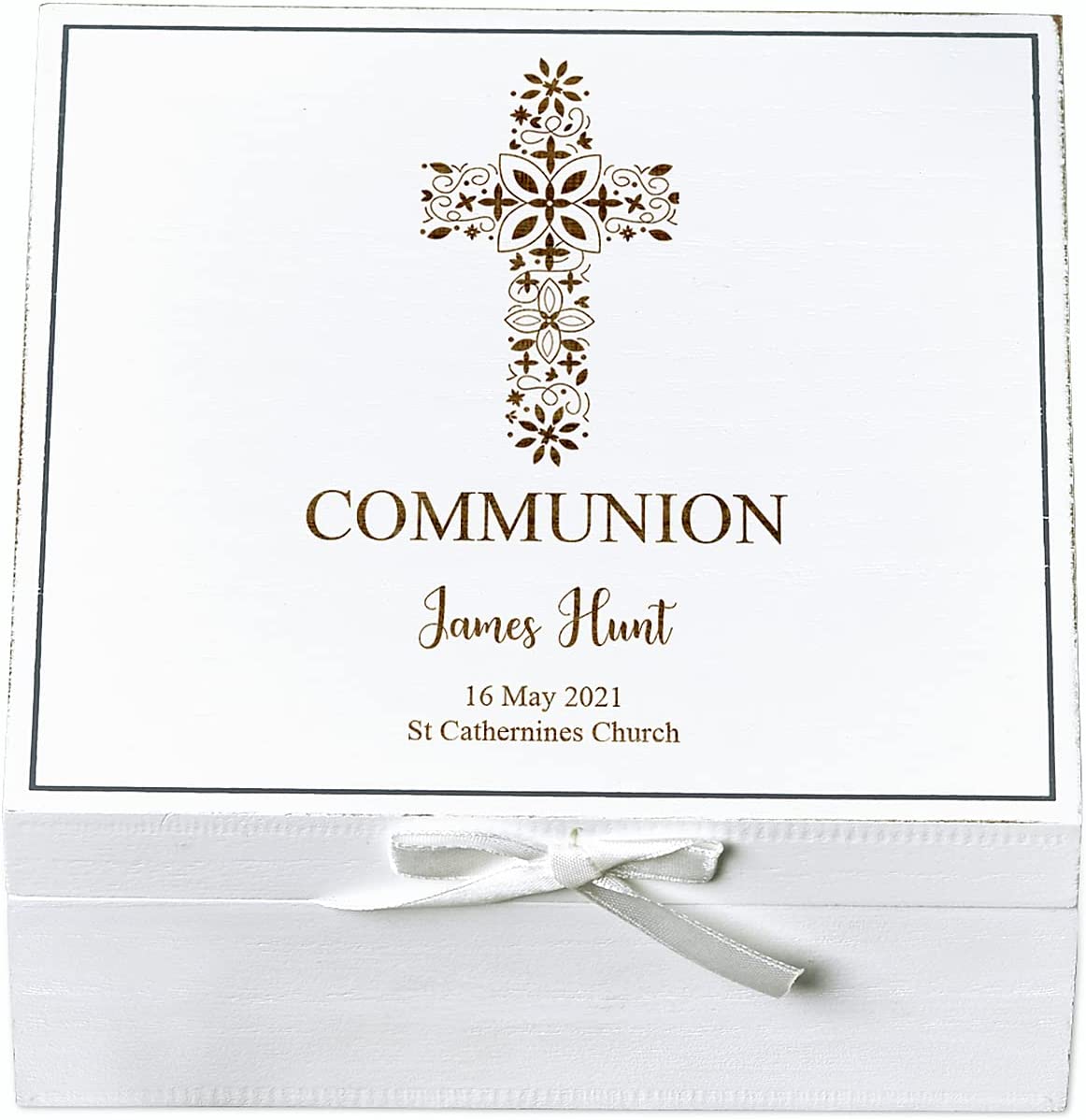 ukgiftstoreonline Personalised Communion White Keepsake Box With Floral Cross Design