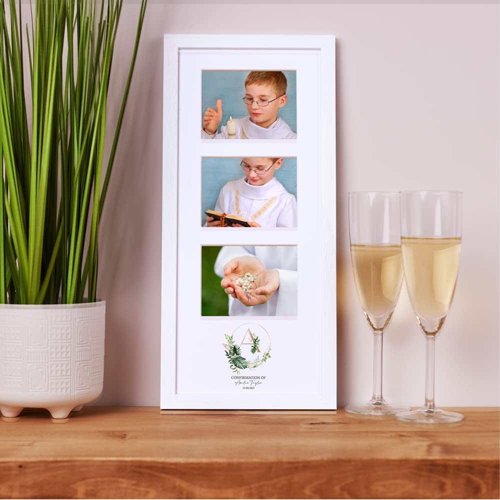 Personalised Confirmation Triple Photo Frame With Natural Leaves