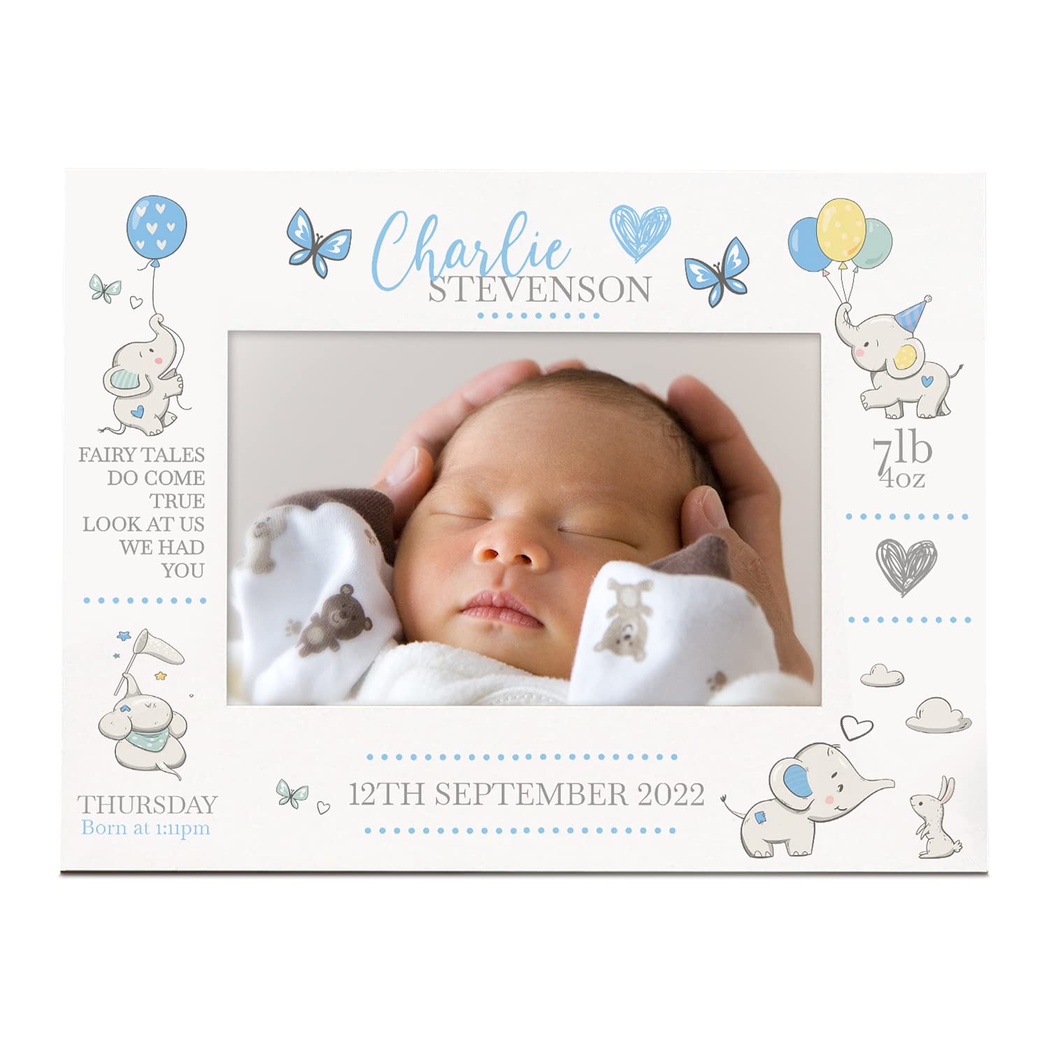 Personalised Baby Boy Photo Frame With Birth Details and Cute Elephant