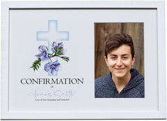 Personalised Confirmation White Photo Frame With Blue Cross 6"x4"