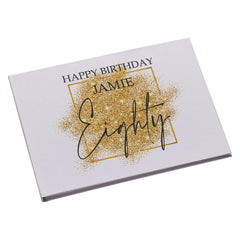 Personalised A4 Linen 80th Birthday Guest Book Printed With Gold Sparkles Design