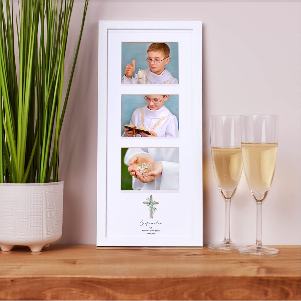 Personalised Confirmation Triple Photo Frame With Natural Cross