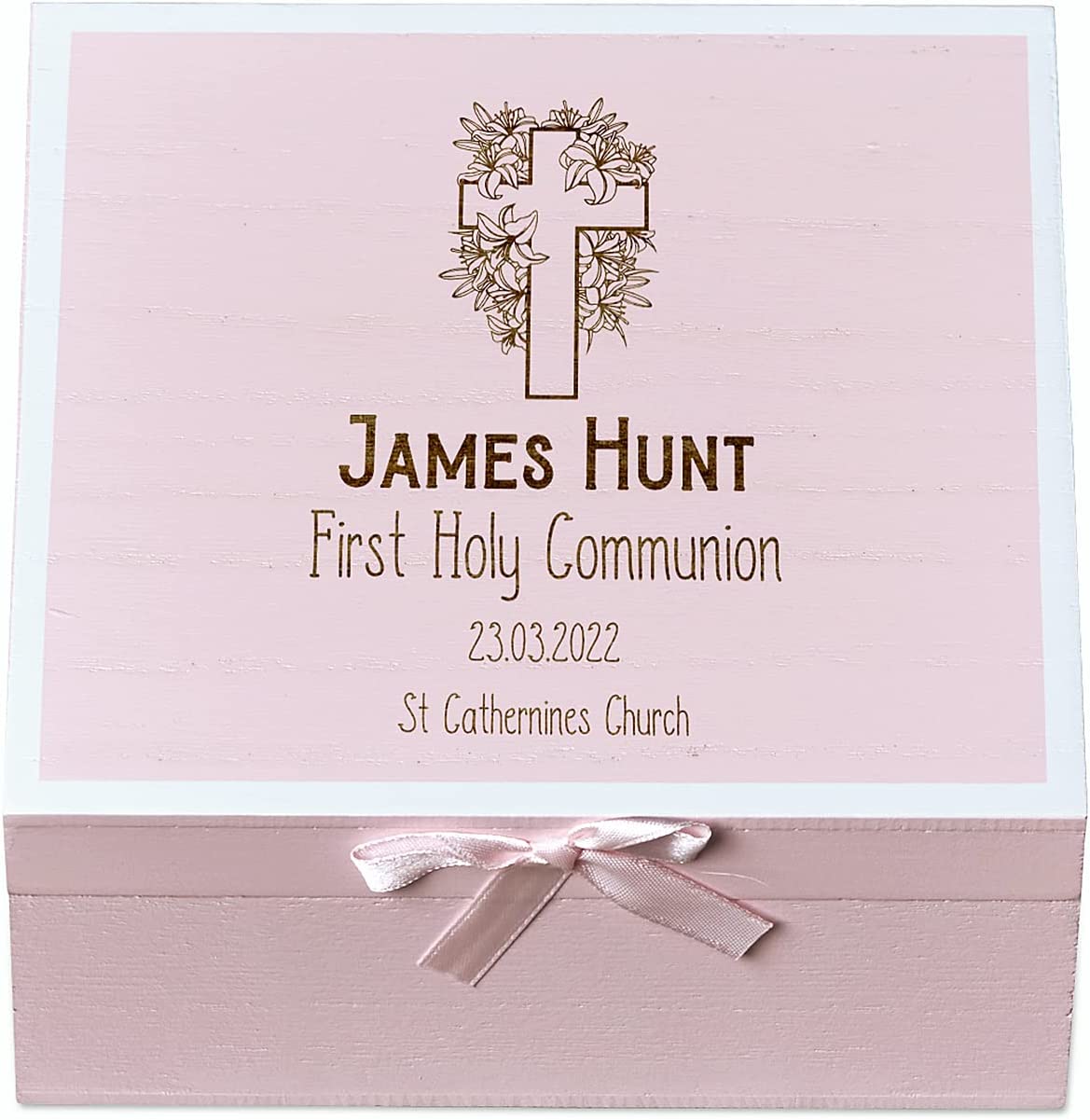 ukgiftstoreonline Personalised Holy Communion Pink Keepsake Box With Cross Design